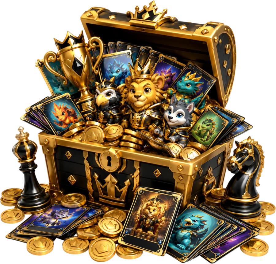 Fantasy chest full of collectible cards and treasures