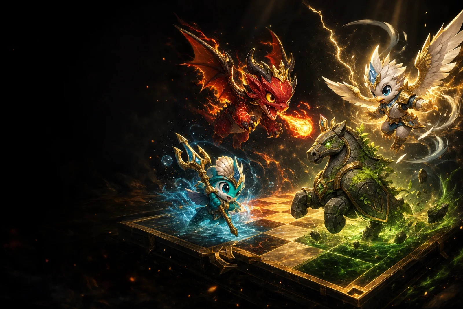 Fantasy creatures meeting on an illuminated chess battlefield